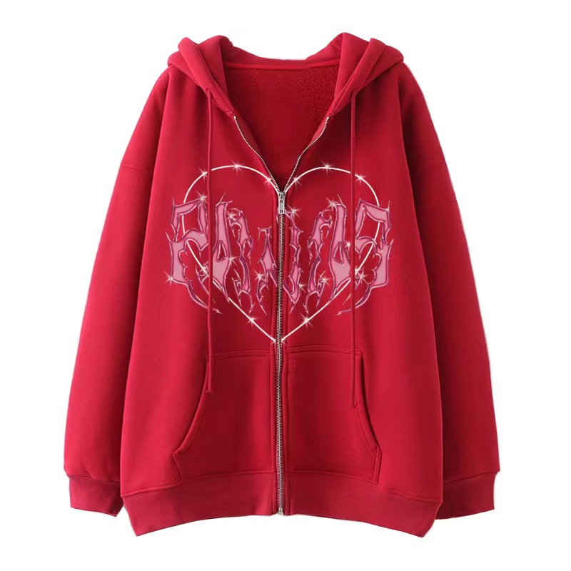 Y2K Heart-shaped Print Hoodies Women Gothic Grunge Long Sleeve Oversize Zip Up Hoodie Jacket Harajuku Hooded Sweatshirt alx