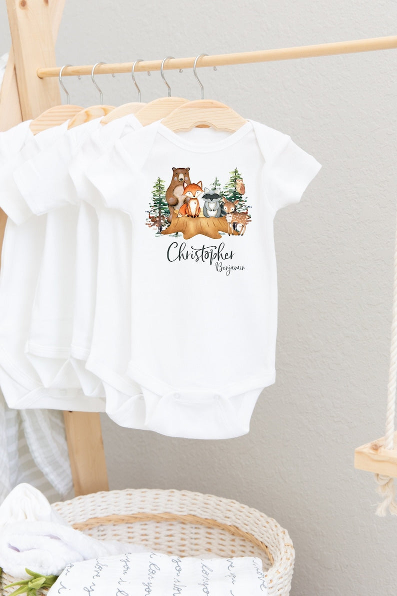 Woodland Baby Bodysuit, Woodland Animal Bodysuit, Baby Shower Gift, Pregnancy Reveal Baby Shirt, Baby One Piece, Woodland Baby Outfit W1