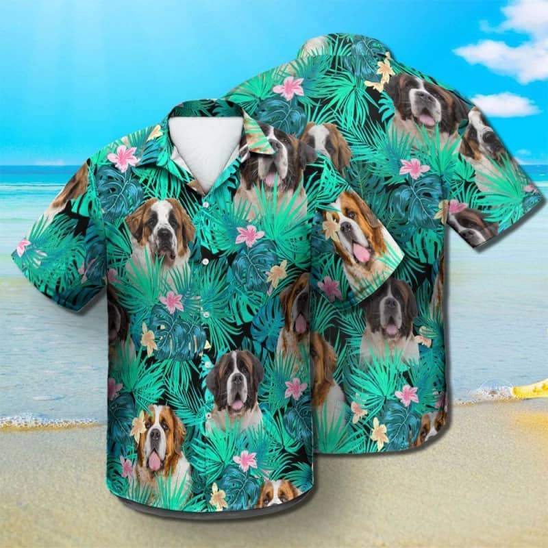 St. Bernard Hawaiian Shirt, Dog Summer Leaves Hawaiian Shirt, Unisex Print Aloha Short Sleeve Casual Shirt