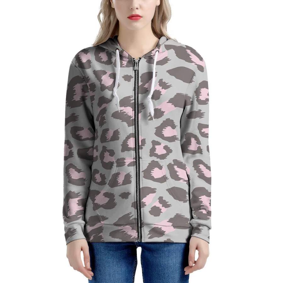 Grey and Pink Leopard Women’s Zip Up Hoodie