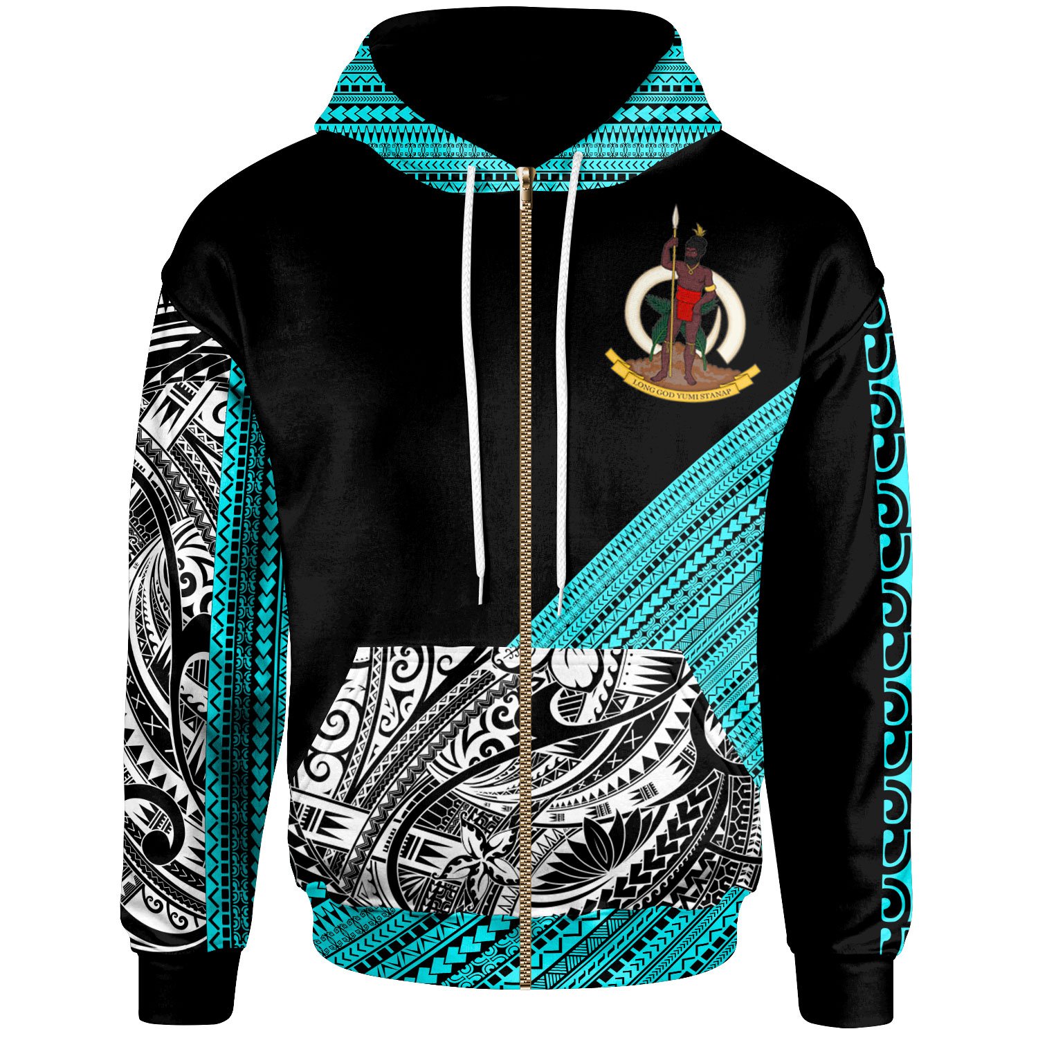 Vanuatu Custom Personalised Zip Hoodie – Polynesian Diagonal Pattern Blue – BN20