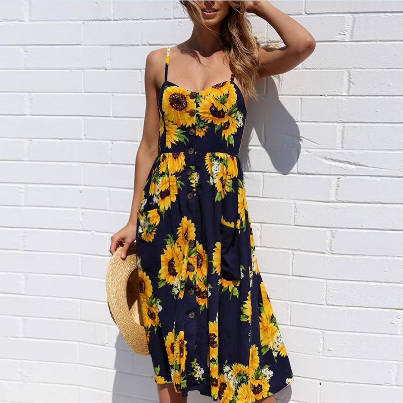 2020 Summer Women Midi Dress Sleeveless Strappy Sunflower Printed Buttons Pocket Beach Midi Dress Plus Size Party Sexy Dress alx