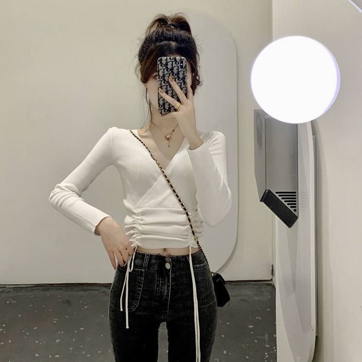 Woman Sweaters Cinched Drawstring Lace-up Sweater Autumn Winter White Cross Sexy V-neck Top For Women alx