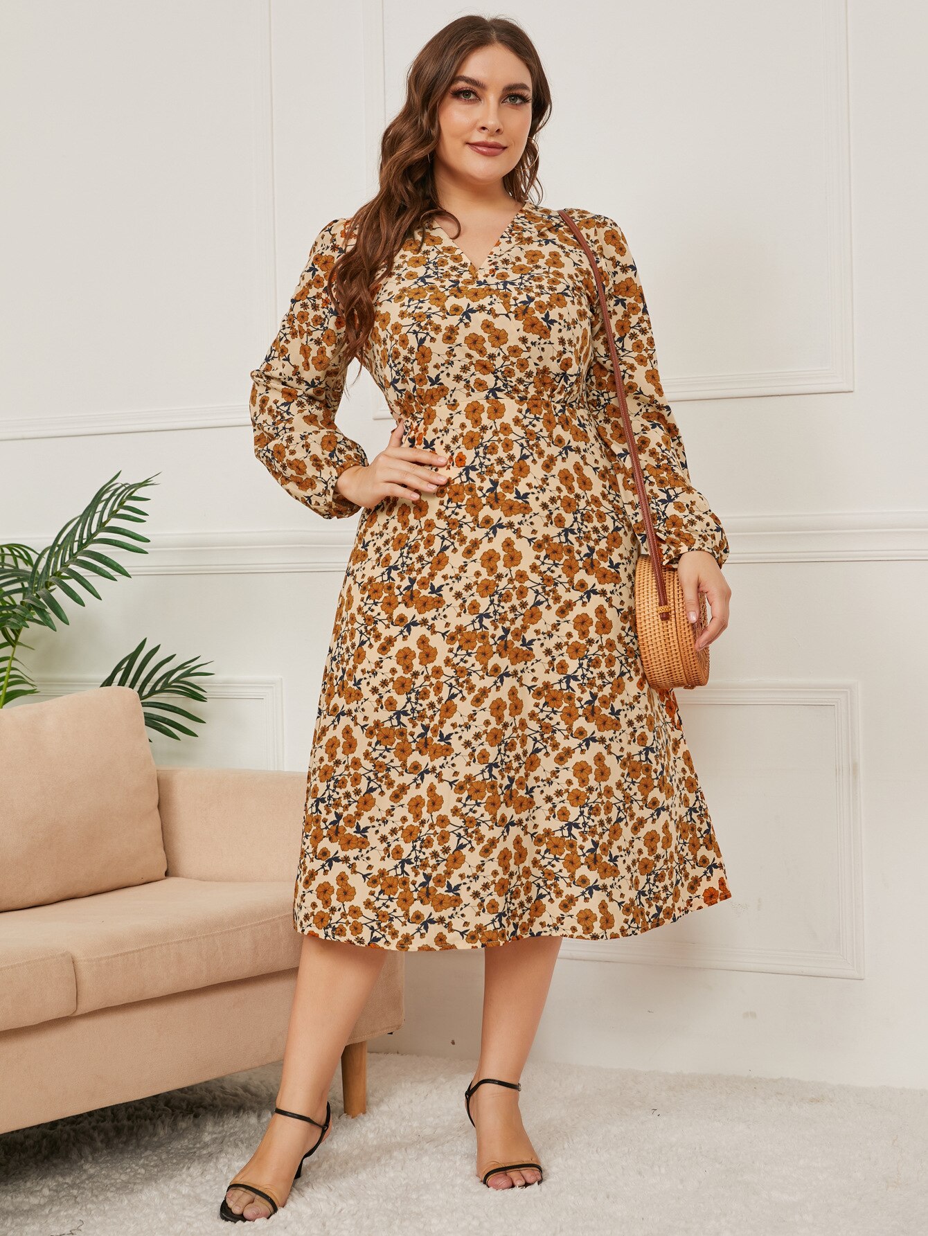 5XL Casual Plus Size Women Dress High Waist Maxi Long Dresses V Neck Long Sleeve Floral Print Female Party Dress Vestidos 2021 alx