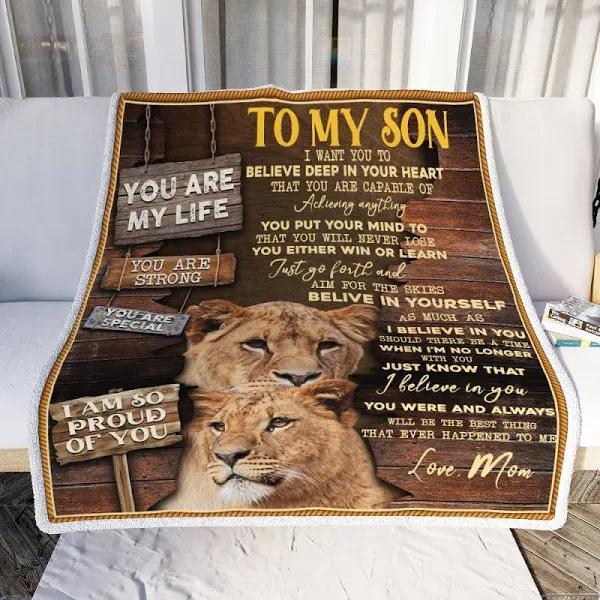 To My Son Lion You Are My Life Fleece Blanket Gift For Son From Mom To Son Home Decor Bedding Couch Sofa Soft And Comfy Cozy