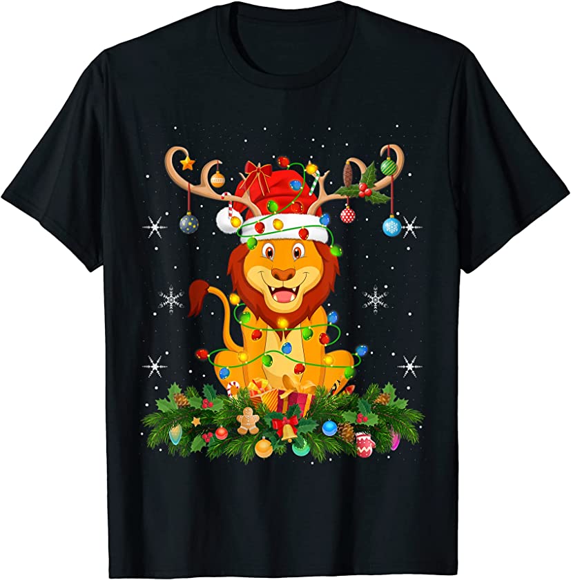 Xmas Holiday Reindeer Hat Santa Lion Christmas T-Shirt