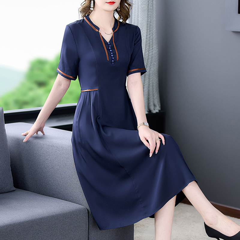 2022 Black Natural Slik V-Neck Midi Dress Women Korean Solid Vintage Hepburn Casual Dress Summer New Short Sleeve Elegant Dress alx