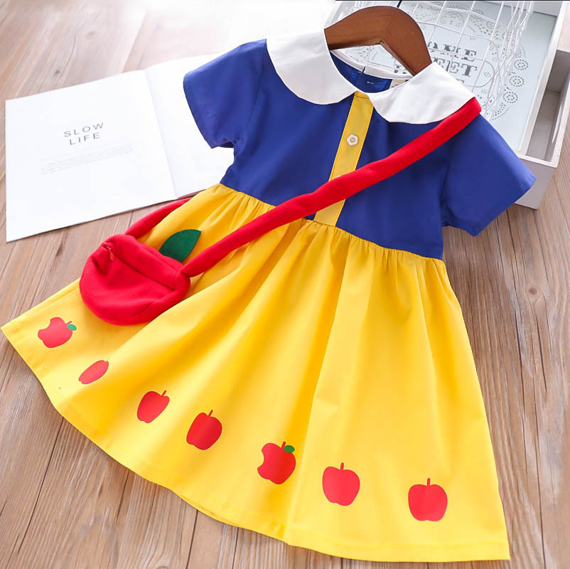 Snow White Princess Dress Summer Fashion Kids Girls Color Matching Short Sleeves Casual Clothing Child Lapel Dresses + Apple Bag alx