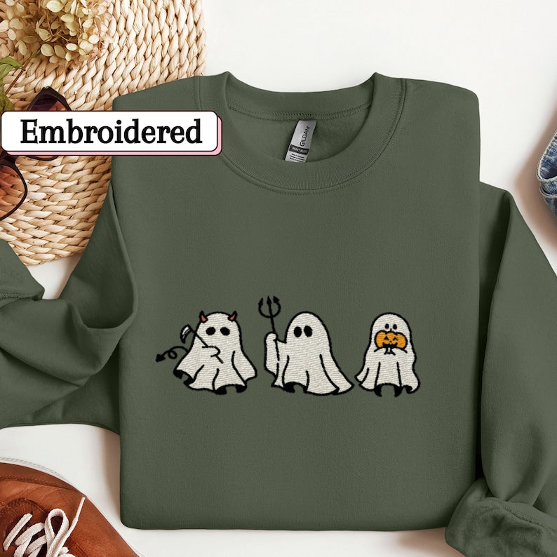 Cute Ghosts Halloween Embroidered Sweatshirt 2D Crewneck Sweatshirt All Over Print Sweatshirt For Women Sweatshirt For Men Sws3764