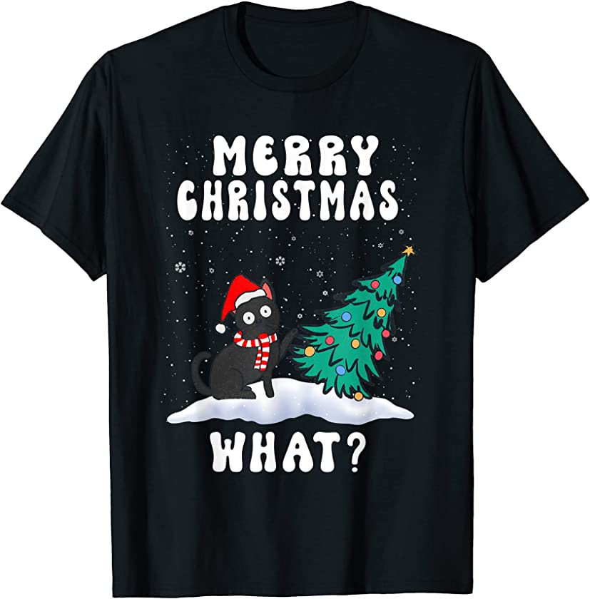 Cat Merry Christmas What? Santa Hat Funny Kitten Xmas T-Shirt