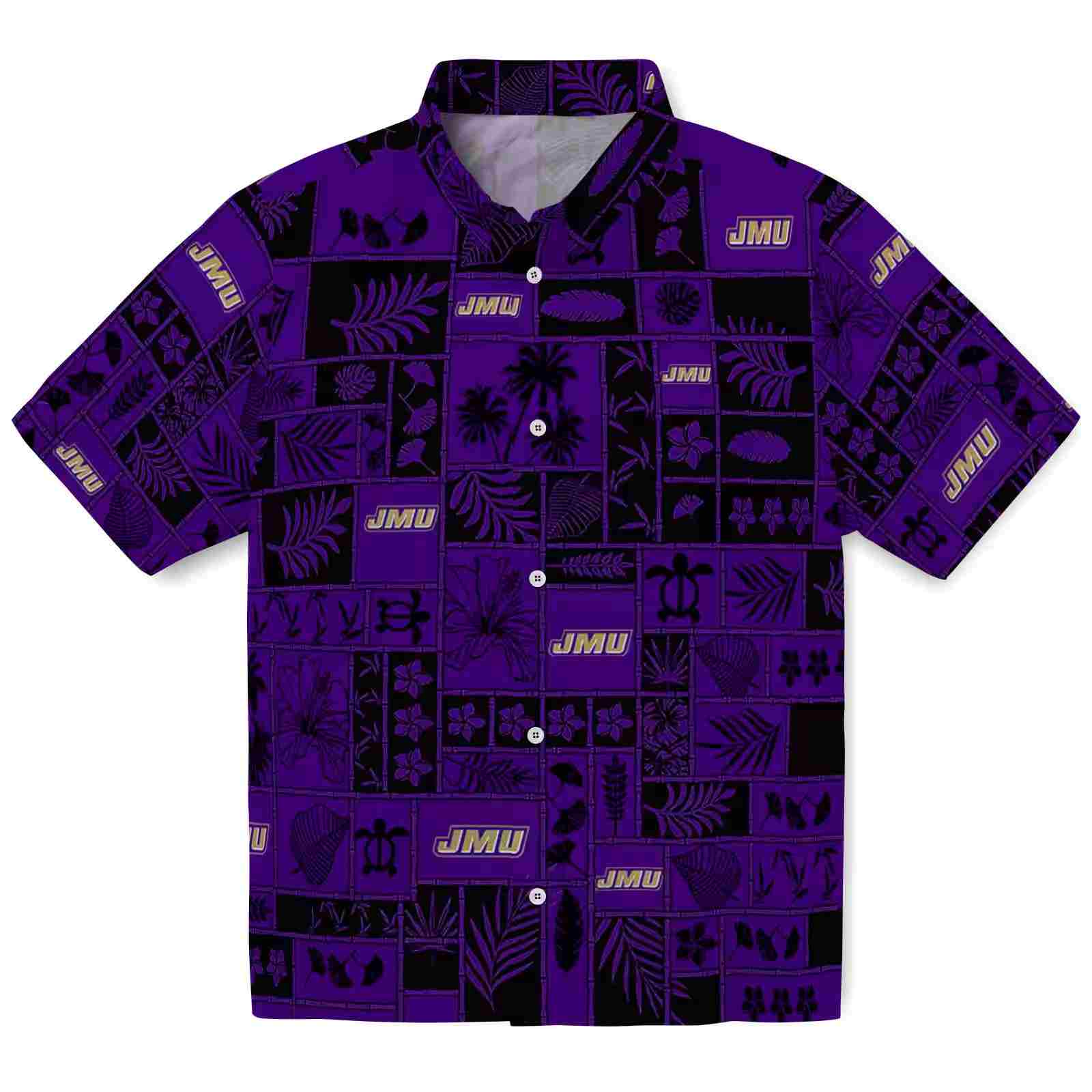 James Madison Dukes Tropical Patchwork Purple Black Hawaiian Shirt