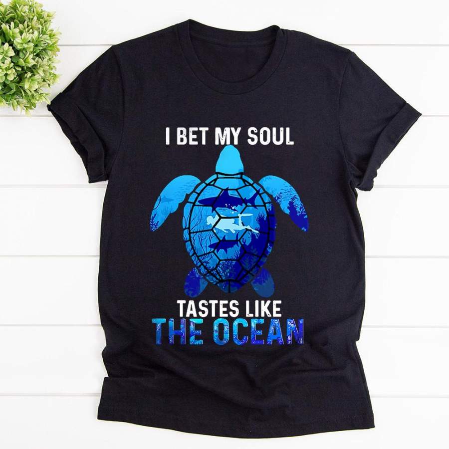 Turtle i bet my soul scuba diving man tastes like the ocean ocean animal love black cotton t shirt for men and women S-6XL