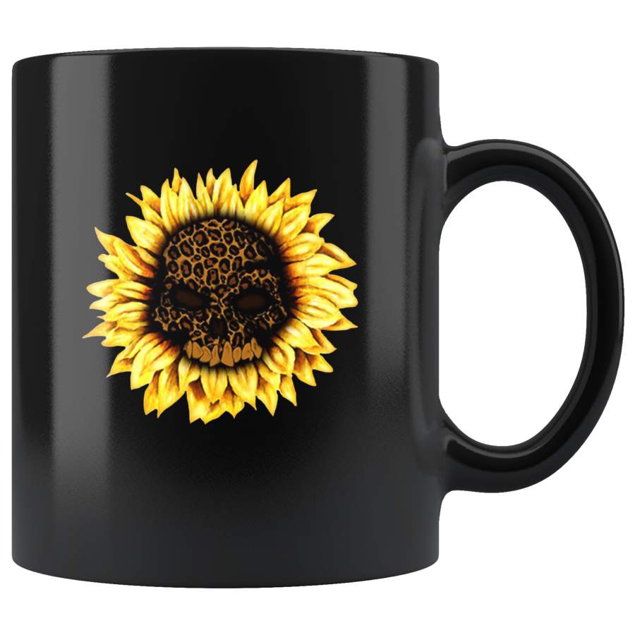 Sunflower Leopard Skull Halloween Black Coffee Mug