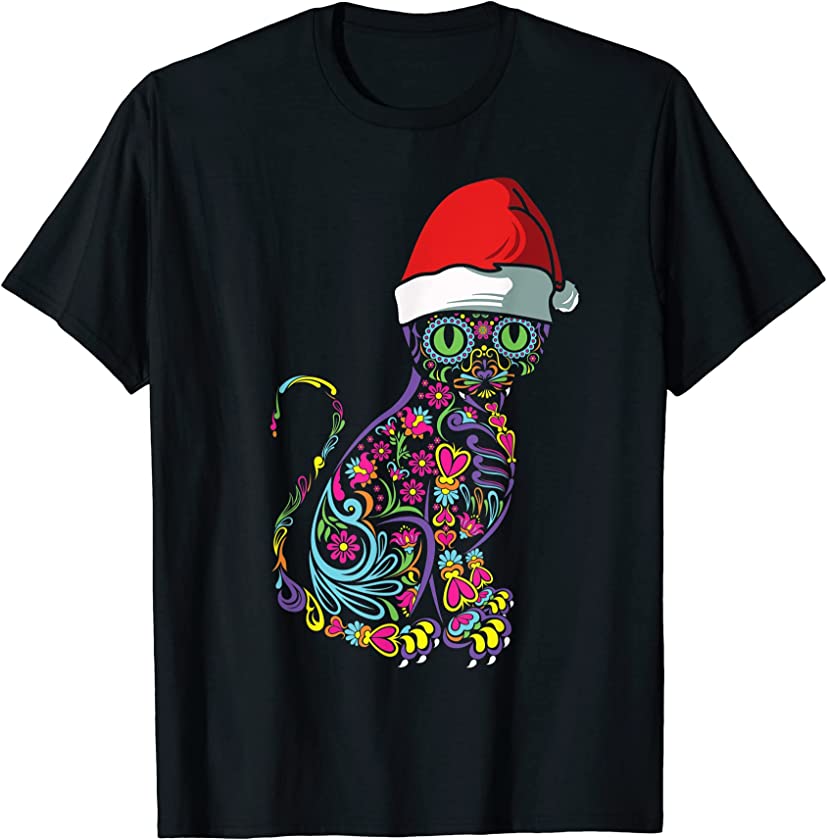 Cat Sugar Skull Santa Hat Christmas Puppy Pet Lover X-Mas T-Shirt