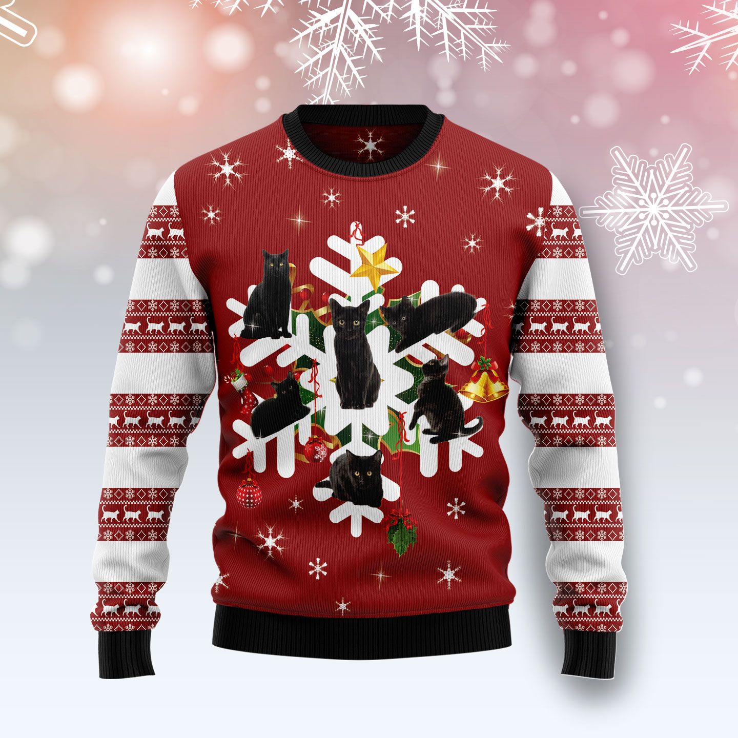 Black Cat Snowflake Ugly Christmas Sweater | For Men & Women | Adult | Us5077