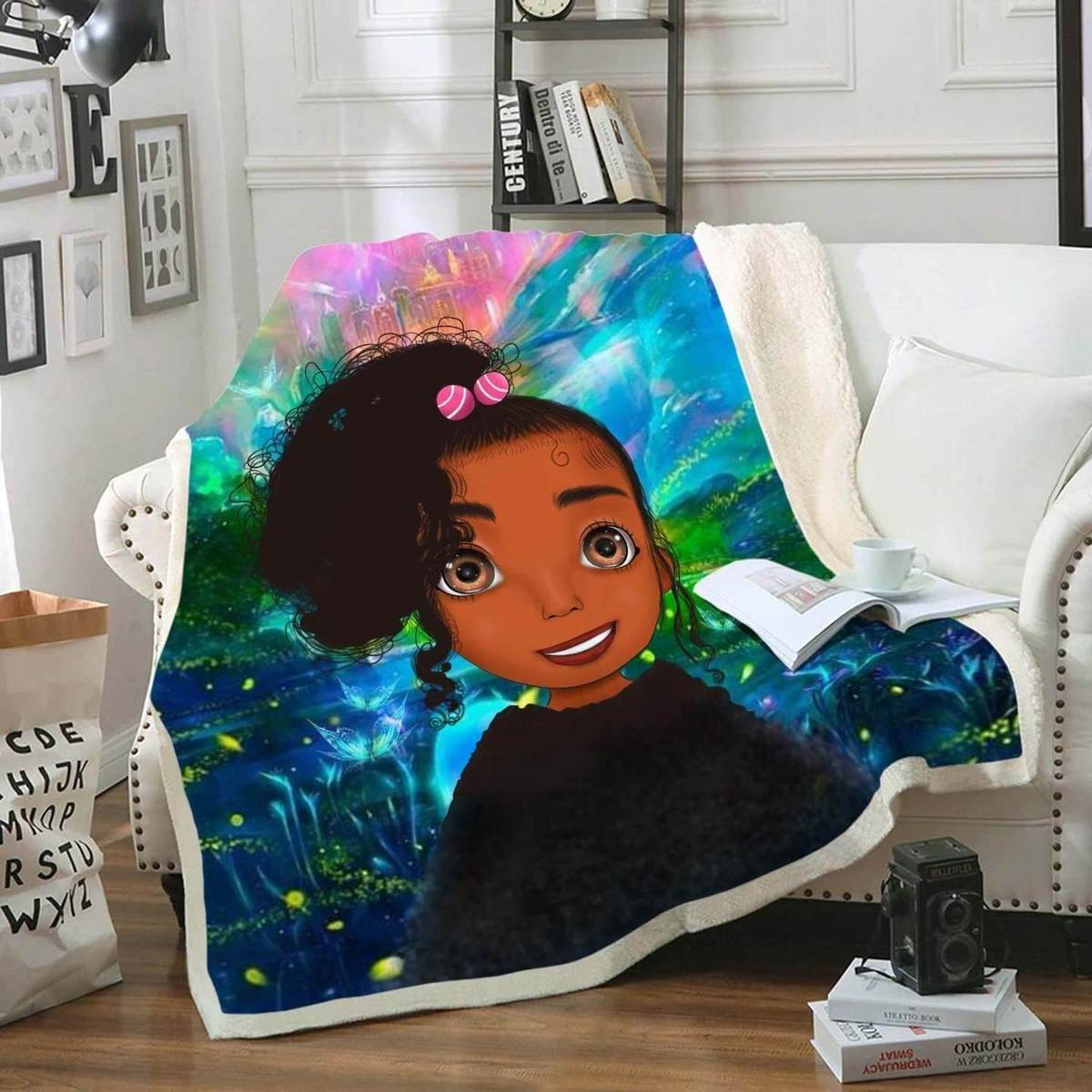 Melanin Art Black Kid Colorful Bright Cute Afro Curly Hair Girl Fleece Blanket – Blanket, Fleece Child, Blanket Sofa Bed