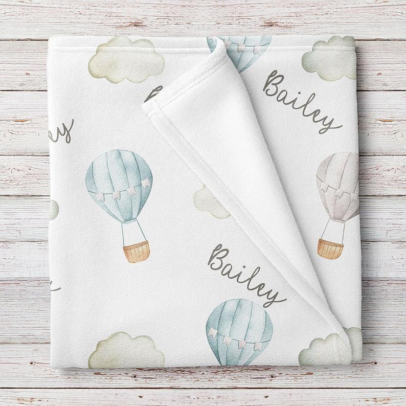 Blue Hot Air Balloons Personalized Baby Boy Blanket, Baby Shower Gift