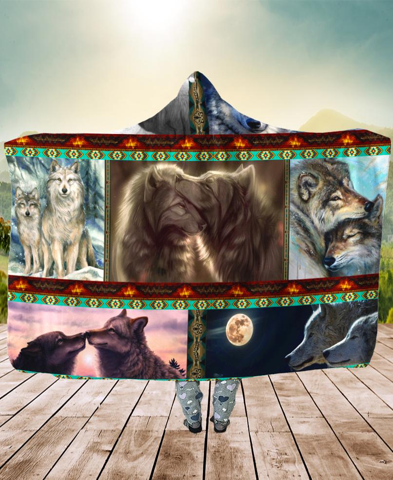 Welcomenative Native Loving Wolves Hooded Blanket, All Over Print, Native American