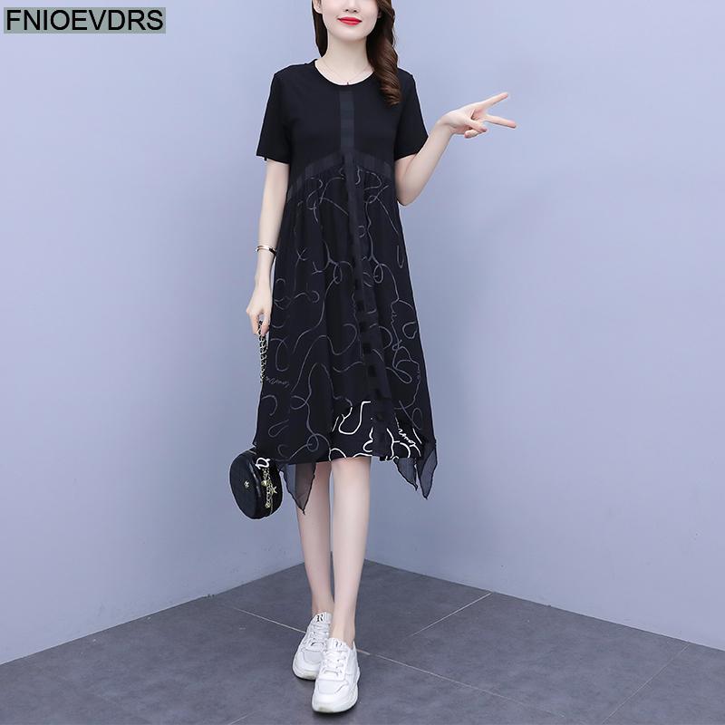 2021 Summer Women Casual Patchwork Black Mesh Loose Maxi short sleeve Dress alx