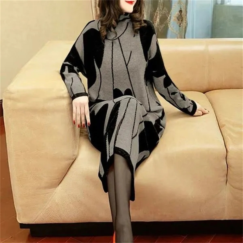 2022 Autumn Winter Women New Loose Fashion Temperament Fashion Slim Keep Warm Dress High Neck Long Sleeve Mid-Length Pullover CH alx