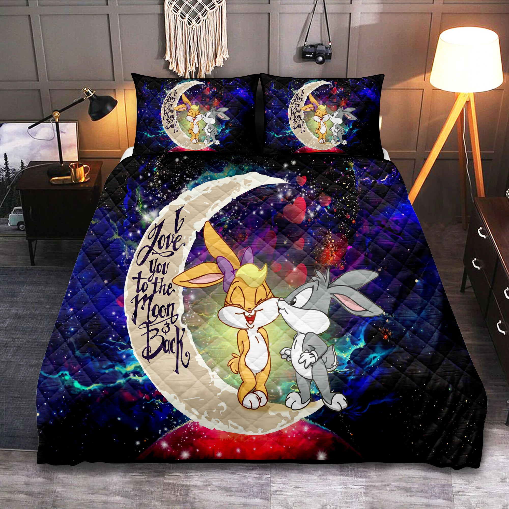 Bunny Couple Love You To The Moon Galaxy Quilt Bed Sets