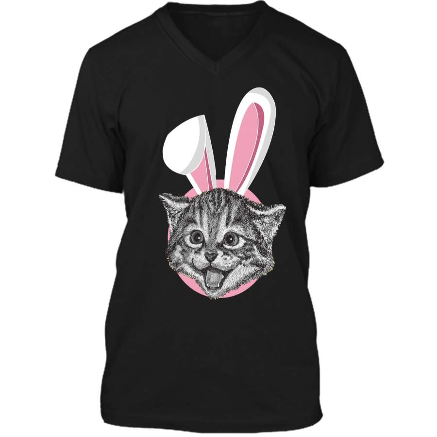 Cat With Easter Bunny Ears Funny Cute Kitten Lover T-Shirt Mens Printed V-Neck T