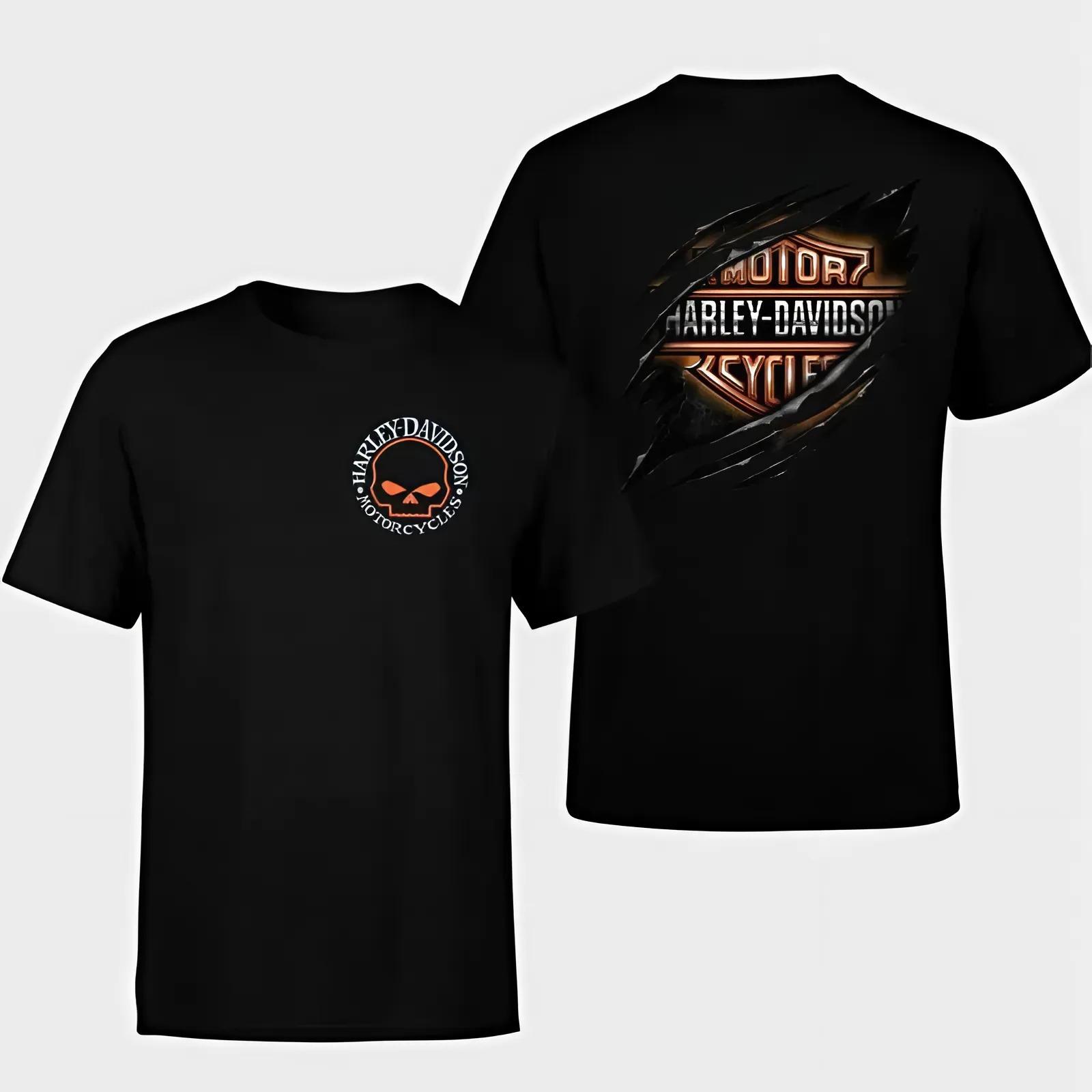 Harley Davidson Ripped Shield Skull T-Shirt 2-Sided Graphic Tee with Orange Skull Crest & Bar Logo, Soft Cotton Blend, Bold Biker Shirt for Men & Women, Gift for Harley Lovers