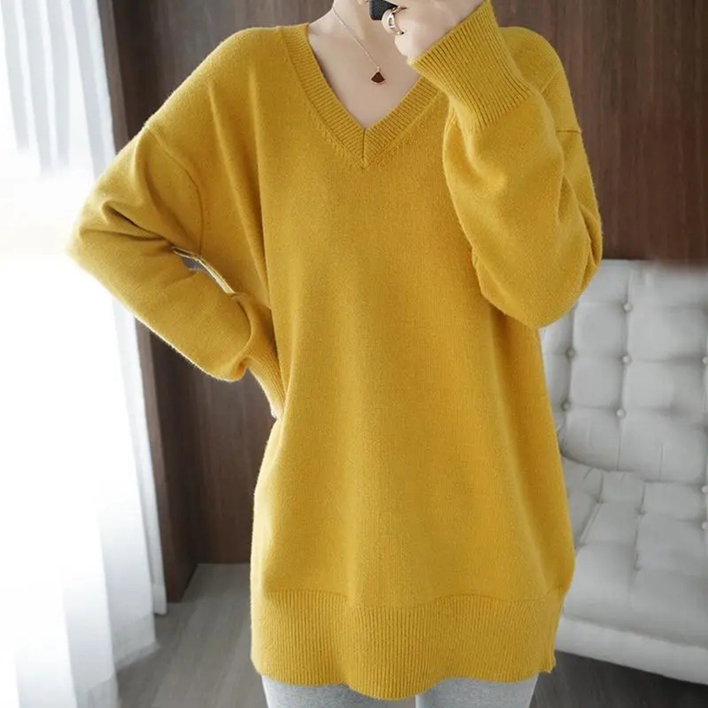 Autumn Women V Neck Oversize Sweater Gray Black White Solid Loose Long Sweaters For Women Knitted Pullover Female Basic Top alx