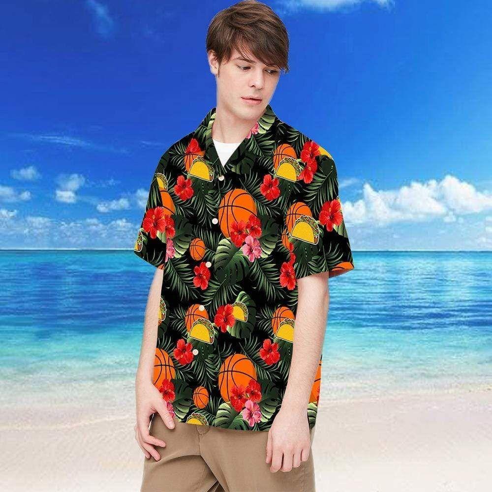 Beach Shirt Basketball And Tacos Red Hibiscus Hawaiian Aloha Shirts Fantastic 79Dh