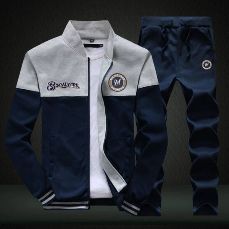 Milwaukee Brewers Sweatshirt +Sweatpants Mens Clothing 2 Pieces Sets Slim Tracksuit