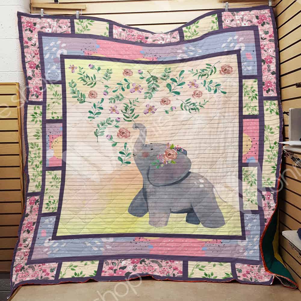 Baby Elephant With Flowers  Quilt Blanket