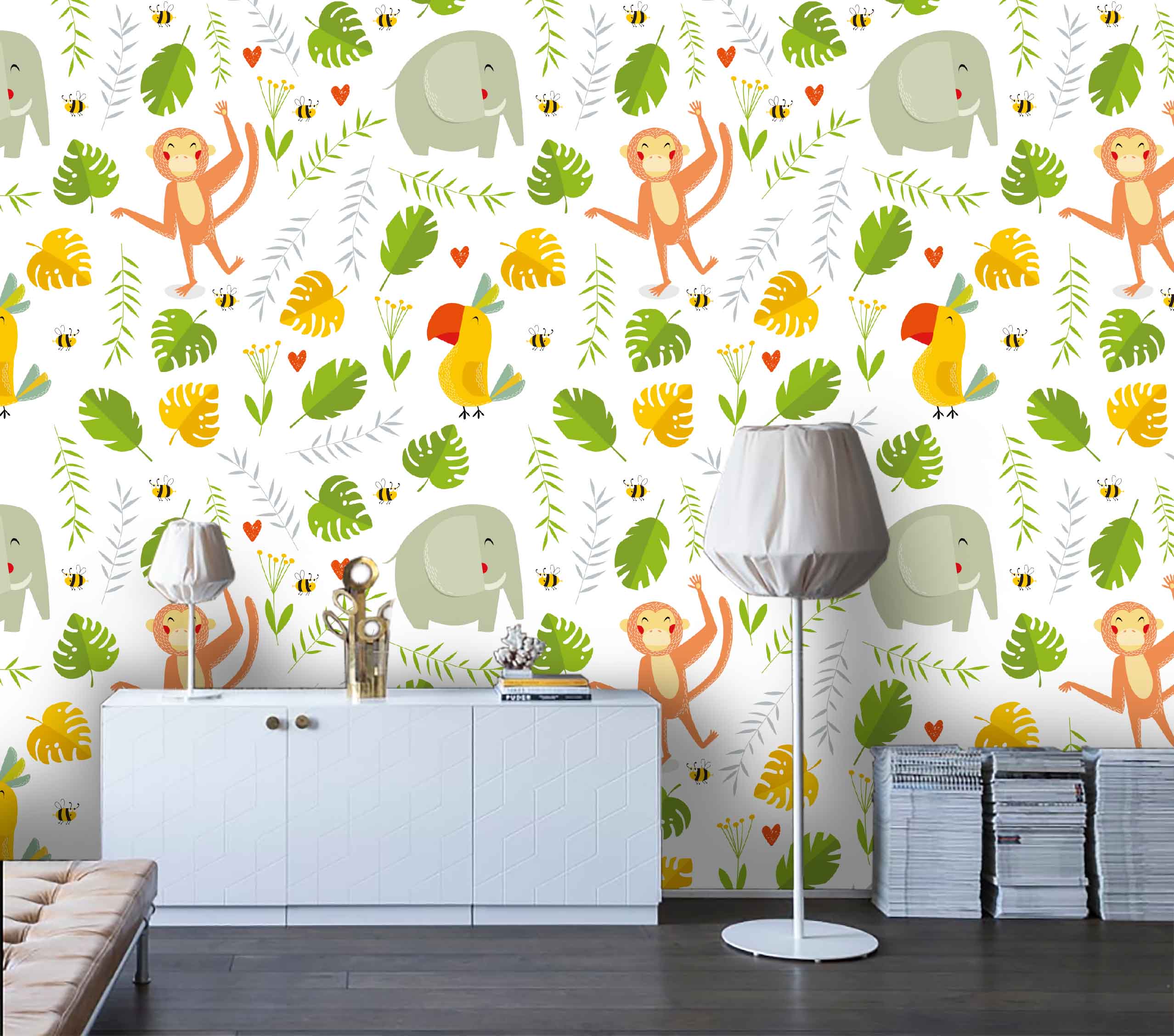 3D Cartoon Monkey Elephant Wall Mural Wallpaper 75