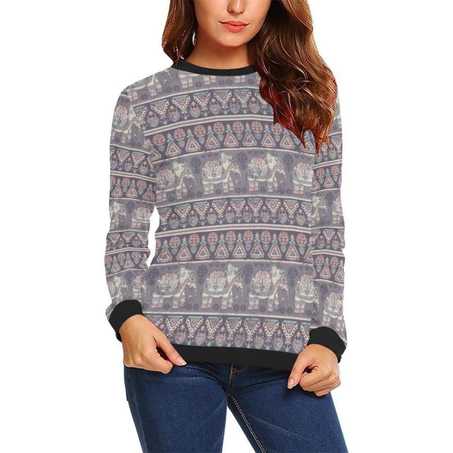 Black Elephant Aztec Pattern Print Women Crewneck Sweatshirt