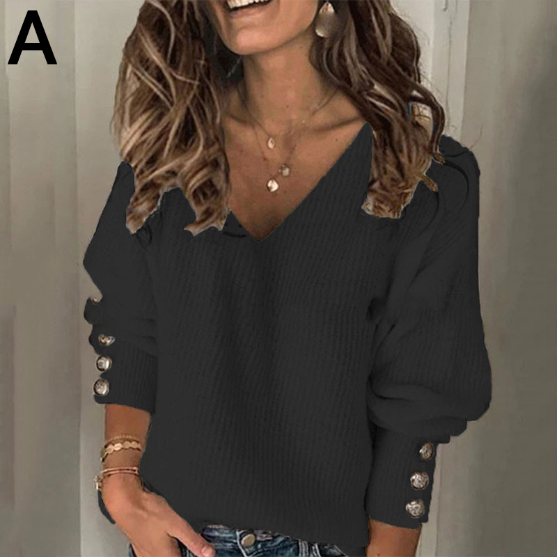 Womens Sweaters 2022 Fashion Buttons Woman’s V Neck Pullover Female Long Sleeve Loose Knitted Sweater Tops For Women 4XL 5XL alx