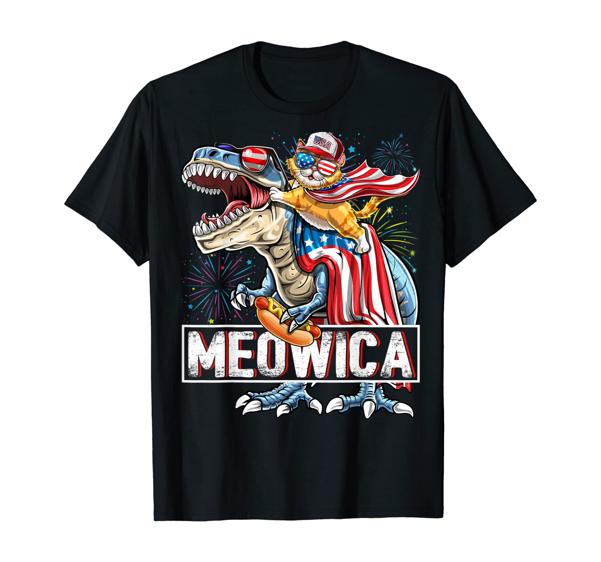 Meowica Cat T Rex Dinosaur 4th of July American Flag Kids T-Shirt