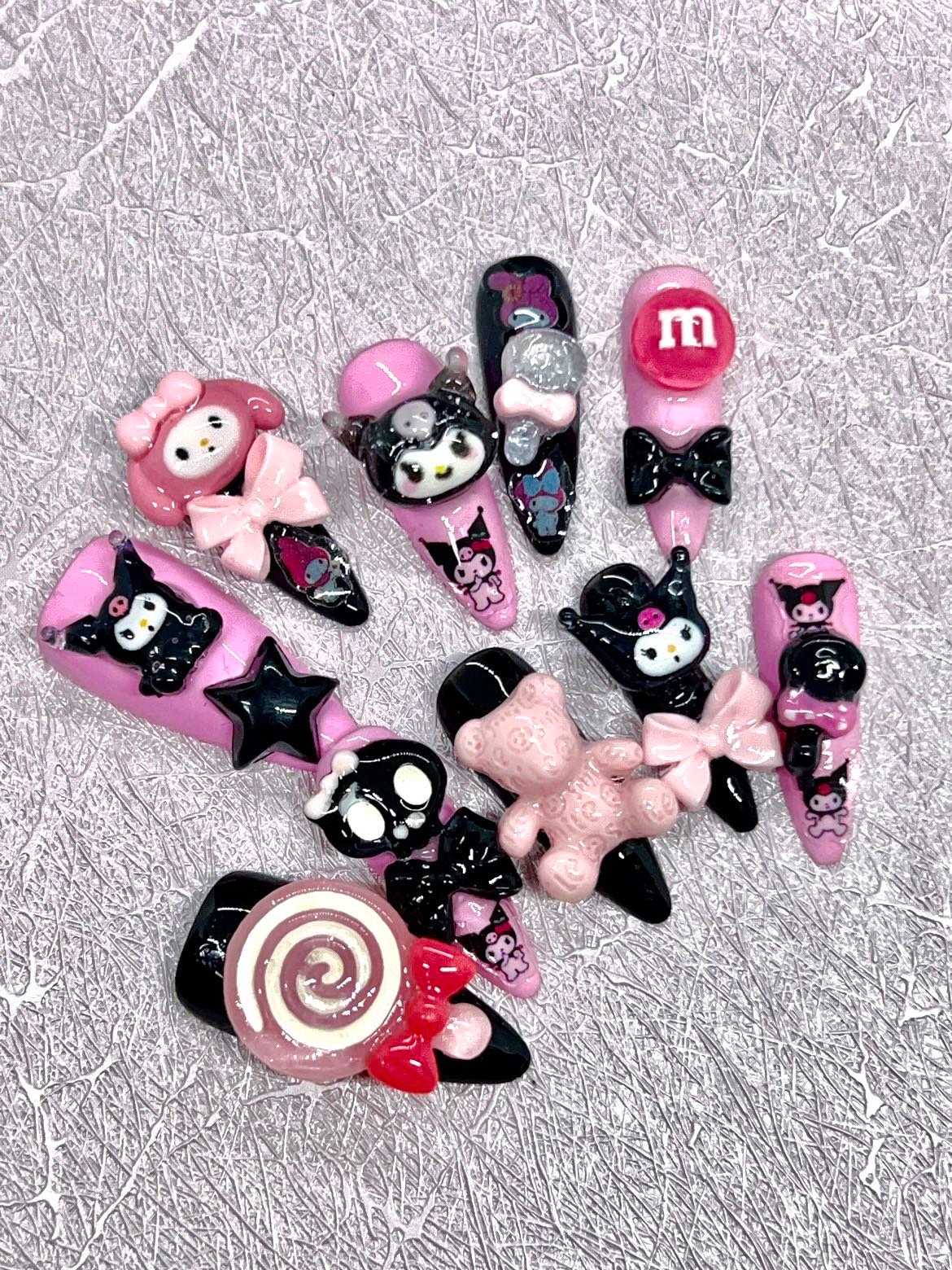 Black Pink Kurommi Press On Nails/Purple Anime Kawaii Fake Nails/Y2k nails/ cute skull nail/Bear lollipop bowtie cute nails #253