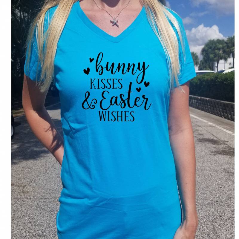 Crushtee Bunny Kisses And Easter Wishes Women’s V Neck T Shirt Easter Rabbit Sunday Pray Lent Mass Religion Christian Best Wish Egg Hunt Candy Basket Long Sleeve Hoodie