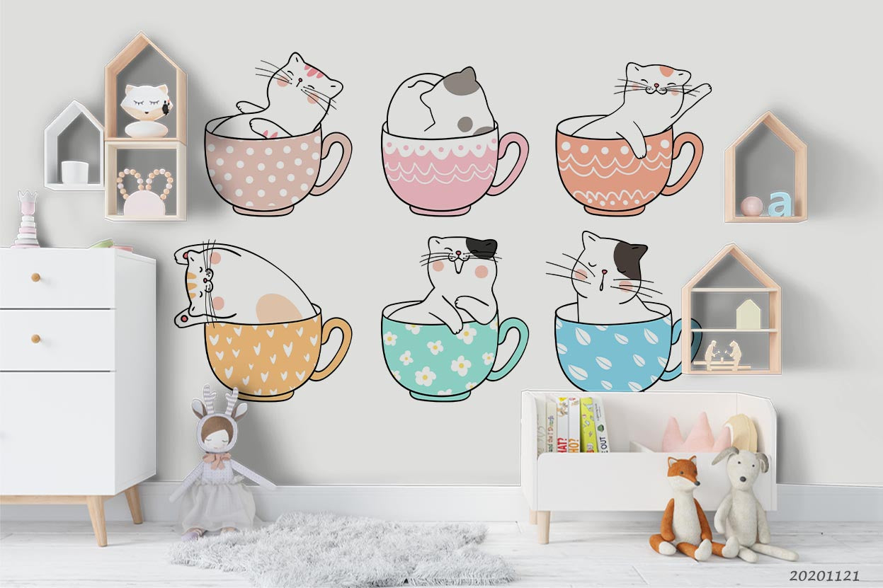 3D Cartoon Hand Drawn Colorful Sleeping Cup Cat Animal Wall Mural Wallpaper Lxl