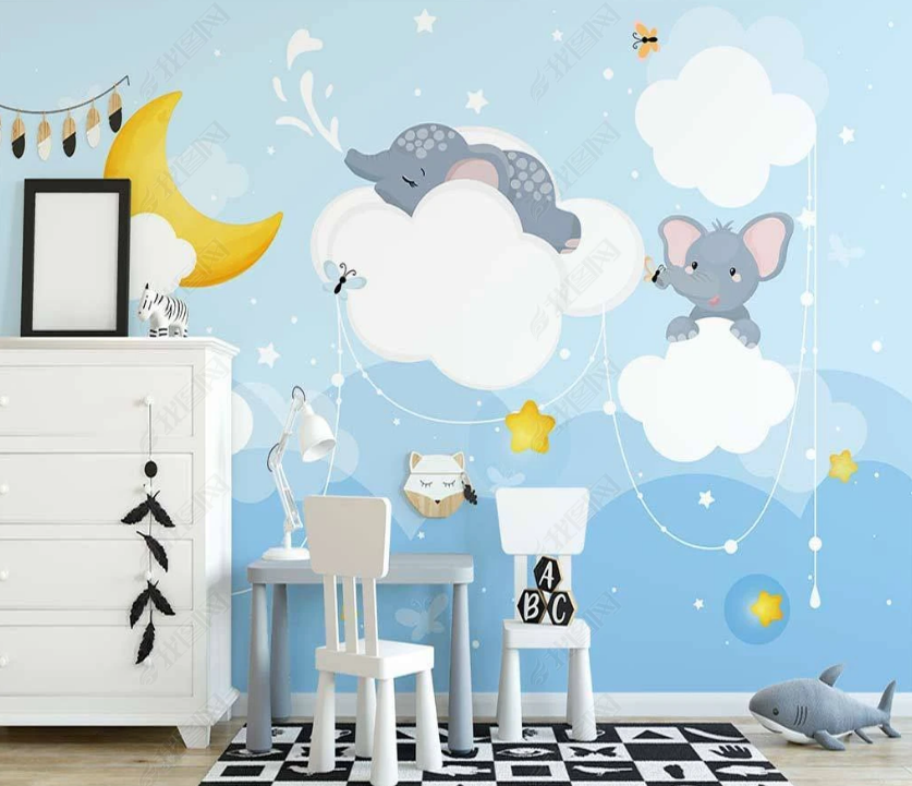 3D Cartoon Cloud Moon Elephant Wall Mural Wallpaper Lqh 42