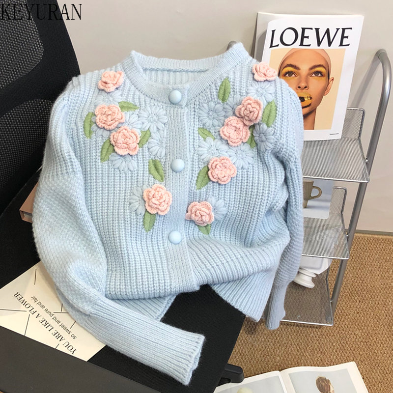 Sweet Three-dimensional Flower Embroidery Sweater Women Autumn Winter New Loose Vintage Handmade Crochet Knitted Cardigan Jacket alx