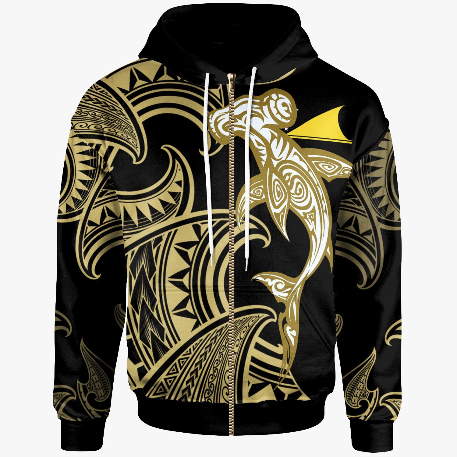 Tokelau Zip-Up Hoodie – Hammerhead Shark Tribal Pattern – Pacific Print Hoodie