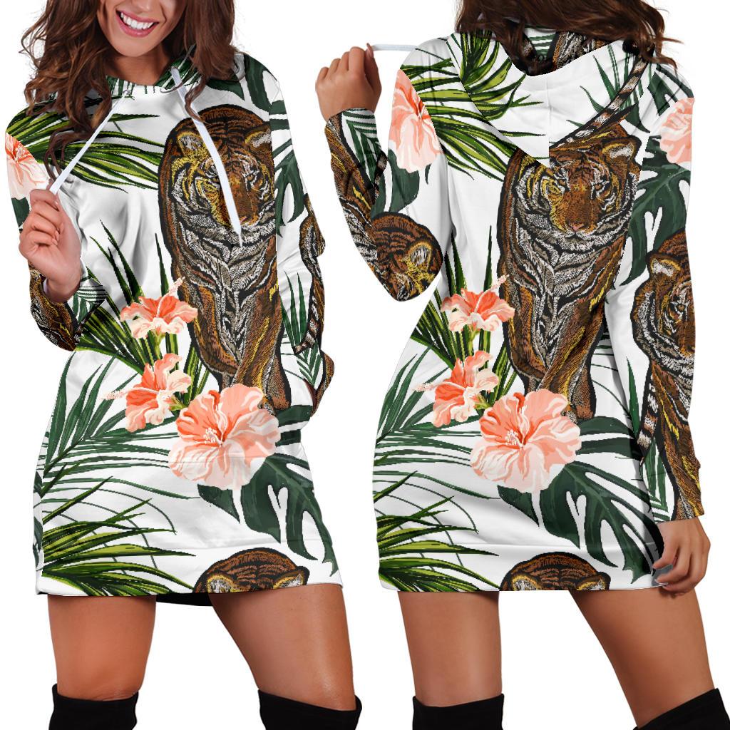 Bengal Tiger Hibicus Pattern Women Hoodie Dress