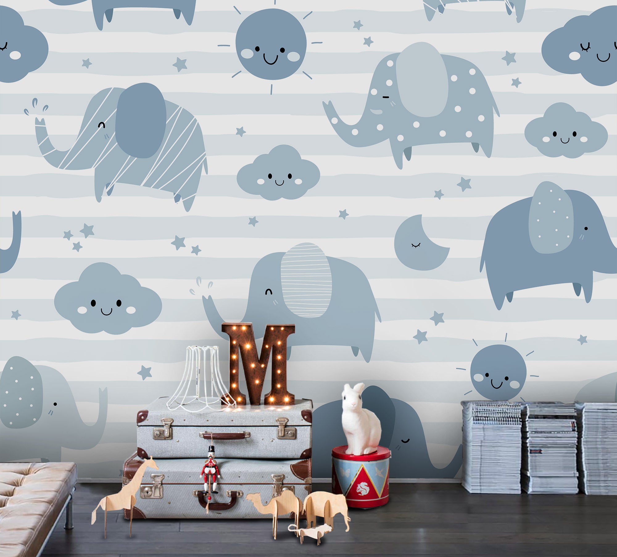 3D Cartoon Elephant Sun Cloud Wall Mural Wallpaper A191 Lqh