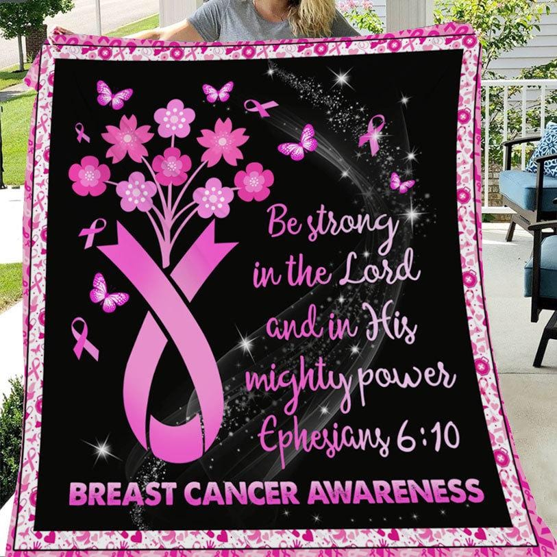 Be Strong In The Lord, Pink Flower Ribbon, Breast Cancer Awareness Blanket, Fleece & Sherpa