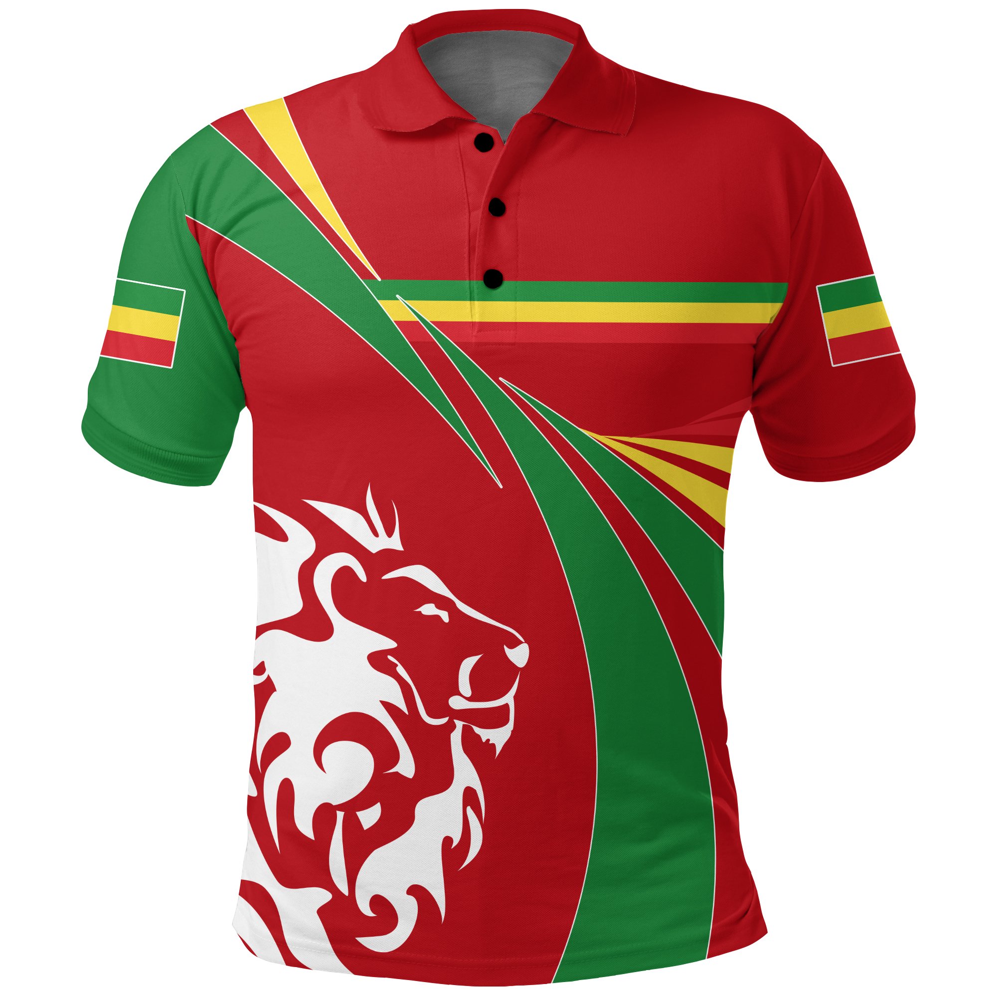 1stTheWorld Ethiopia Polo Shirt, Ethiopia Swirly Lion Flag A10