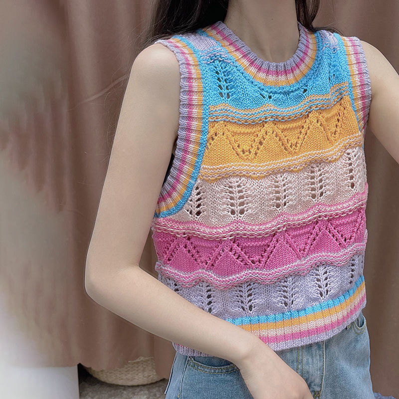 Women Sweater Vest Lovely Crop Summer Knitted Thin Breathable Hollow Out Fashion Colorful Striped Students Femme Cozy Leisure alx