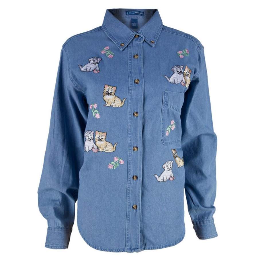 Kittens And Flowers Patch Denim Women’s Collared Shirt