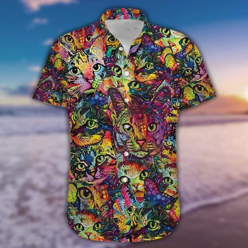 Get Here Colorful Cat Art Hawaii Aloha Shirts 090321 Ha88597