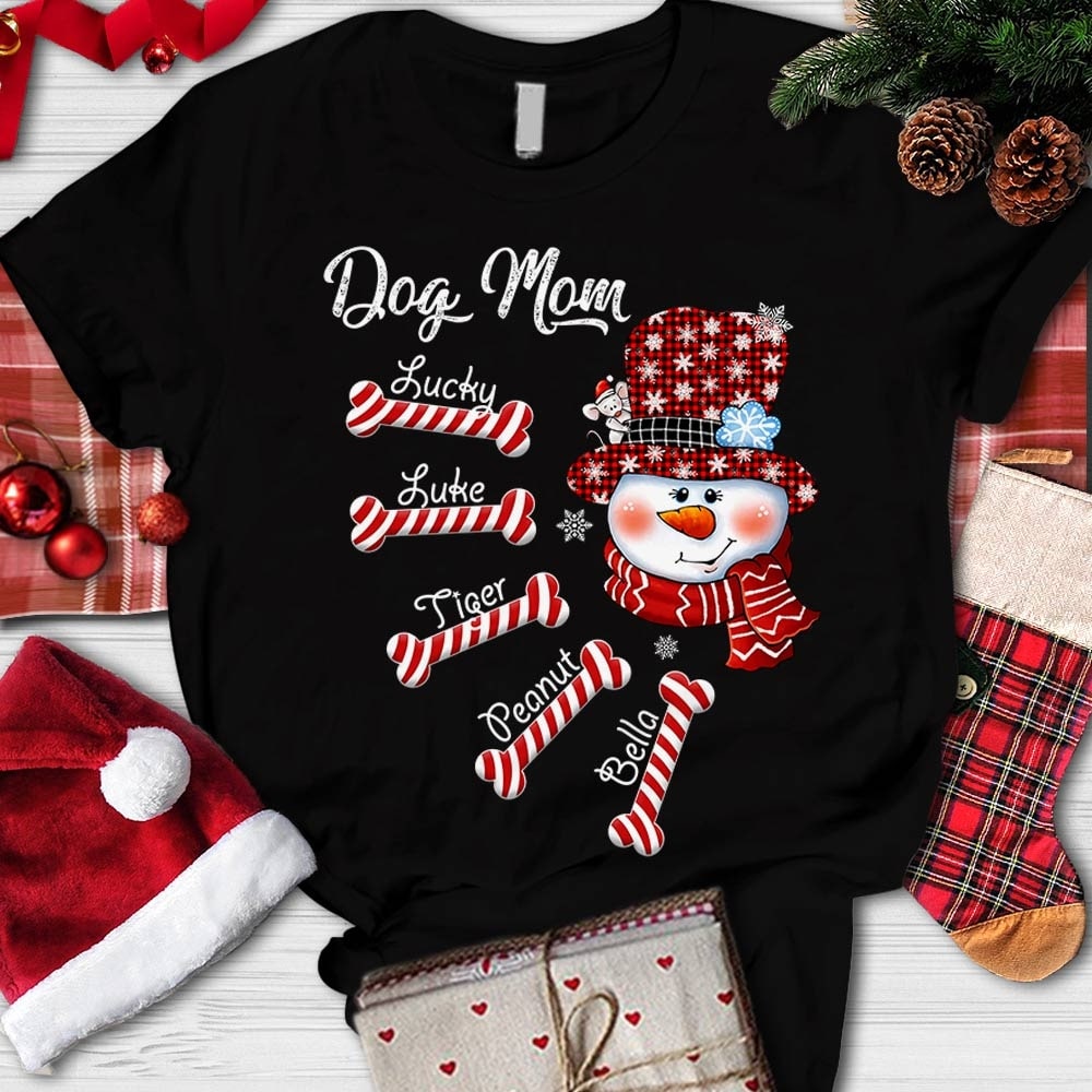 Personalized T-Shirt For Dog Lovers Dog Mom Snowman Candy Bone Christmas Shirt Custom Dog’S Name Buffalo Plaid Design