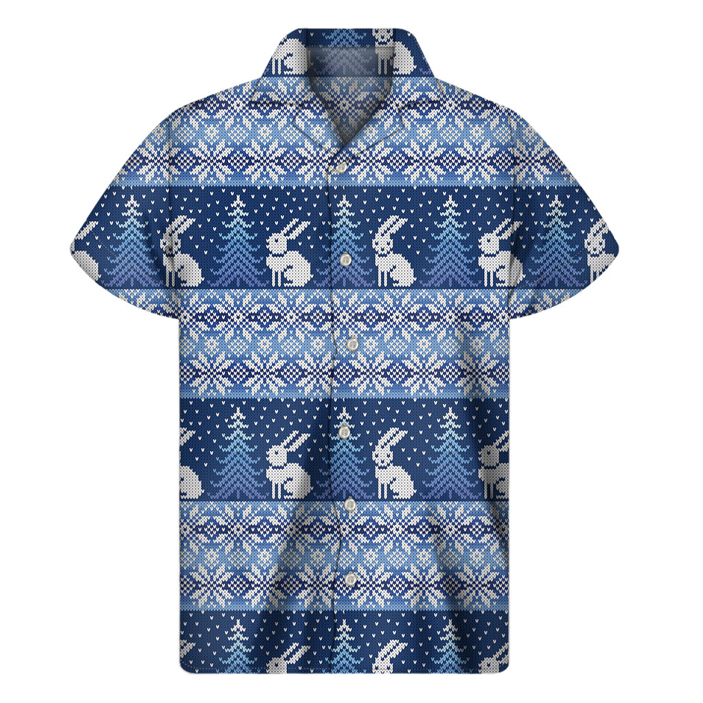 Snow Rabbit Knitted Pattern Print Men’S Short Sleeve Shirt